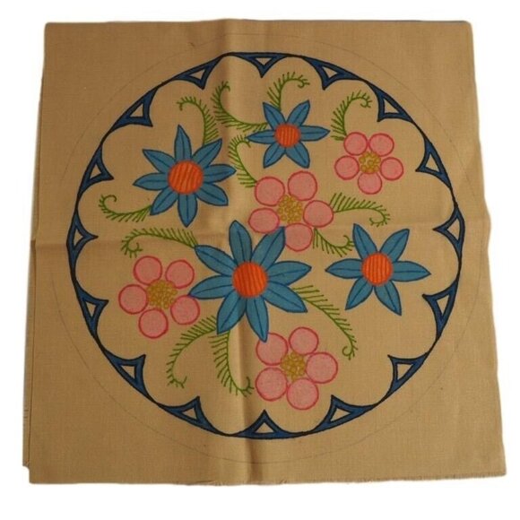 Vtg Linen Liquid Embroidery Doily Wall Art 14” Round Floral Mid Century Art Deco - Picture 1 of 4